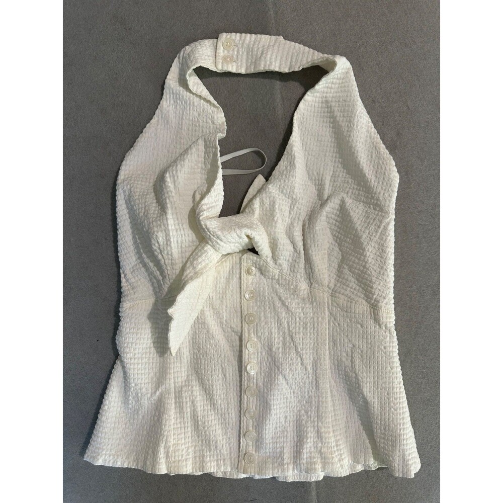 Finley Shirts White Halter Top Womens XS Seersucker Button Front Tie Accent